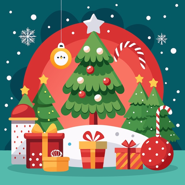 Ilustración festiva de Navidad con un árbol de Navidad decorado que presenta cañas de caramelo y copos de nieve