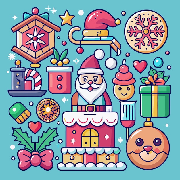 Ilustración festiva de Navidad con Papá Noel presenta una casa de pan de jengibre y otros iconos navideños
