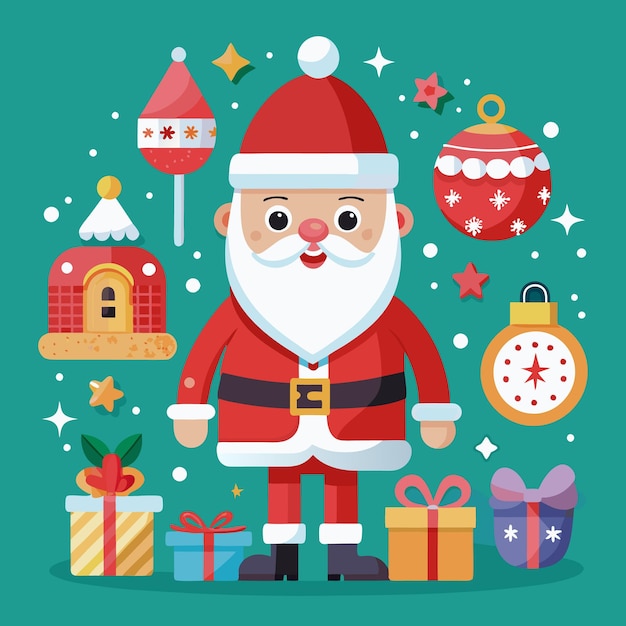 Ilustración festiva de Navidad con Santa Claus regalando árboles y decoraciones navideñas