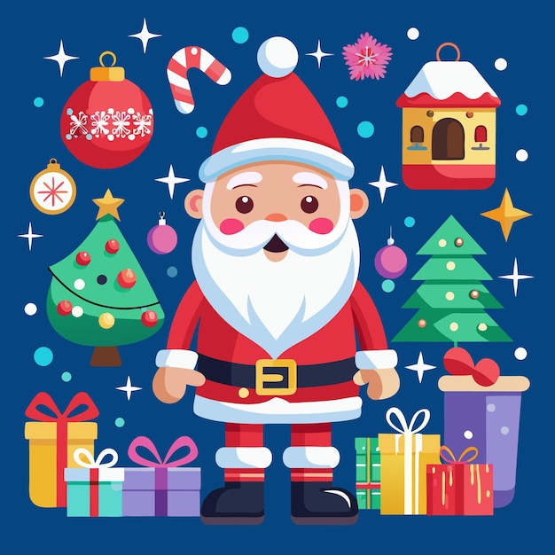 Ilustración festiva de Navidad con Santa Claus regalando árboles y decoraciones navideñas