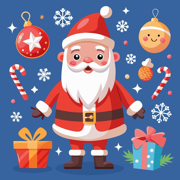 Ilustración festiva de Navidad con Santa Claus regalando árboles y decoraciones navideñas