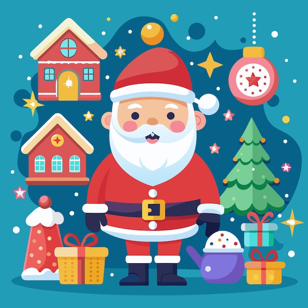 Ilustración festiva de Navidad con Santa Claus regalando árboles y decoraciones navideñas