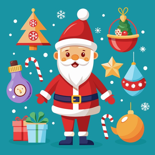 Ilustración festiva de Navidad con Santa Claus regalando árboles y decoraciones navideñas