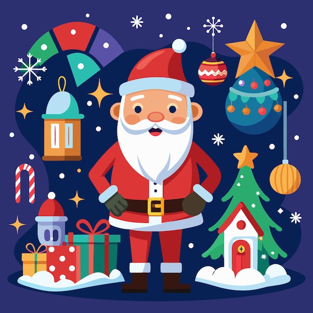 Ilustración festiva de Navidad con Santa Claus regalando árboles y decoraciones navideñas