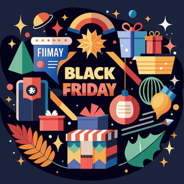 Ilustración festiva con regalos y formas geométricas para la venta del Viernes Negro
