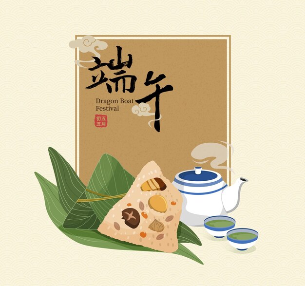 Ilustración del Festival del Bote del Dragón Chino con deliciosas albóndigas de arroz y juego de té caliente