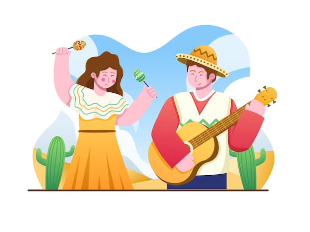 Ilustración del festival cinco de mayo con un hombre y una mujer felices tocando música y bailando