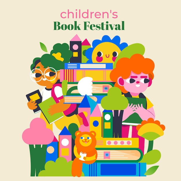 Ilustración para el festival del libro infantil colores brillantes personajes de cuentos de hadas niños felices