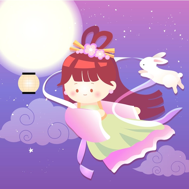 Vector ilustración del festival del medio otoño con una mujer vestida de rosa chang'e volando a la luna