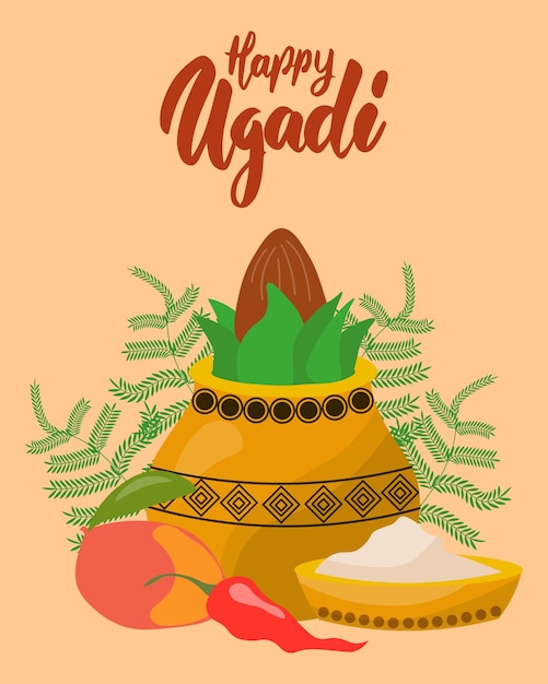 Ilustración para la festividad india, una jarra de coco, sal en un plato, mango y chile.