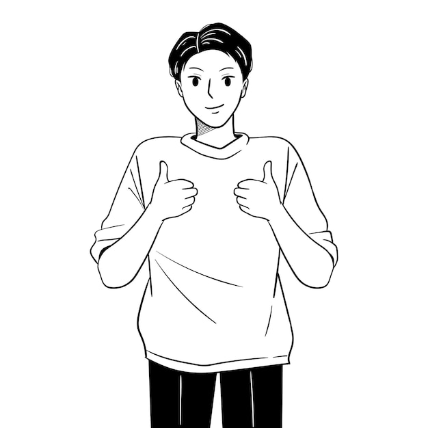 Ilustración de fideos dibujados a mano de un hombre sonriente feliz mostrando los pulgares hacia arriba Gesto de aprobación