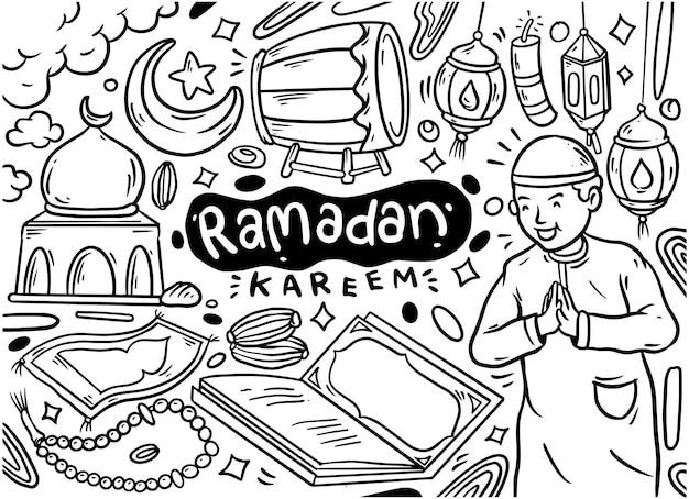 Ilustración de fideos de Ramadán Kareem con fondo de garabatos dibujado a mano para la celebración del festival de la comunidad musulmana
