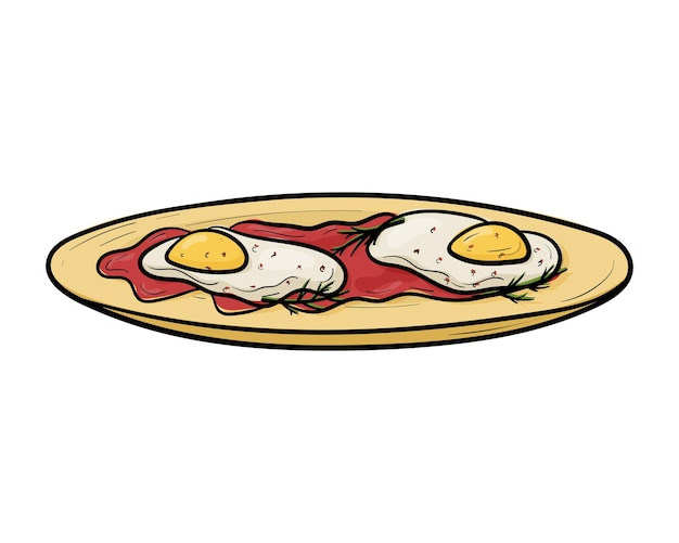 Ilustración de fideos vectoriales de huevos revueltos en un plato con salsa aislado en blanco
