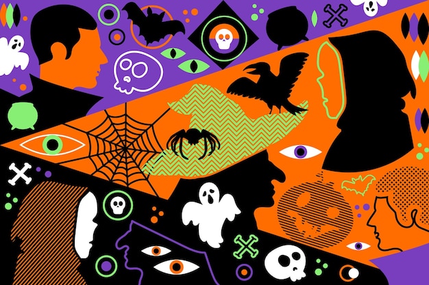 Ilustración de fiesta conceptual de arte de neón de Halloween con personajes y símbolos navideños