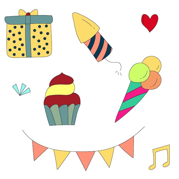 Vector ilustración de fiesta festiva con regalos fuegos artificiales pastel de taza helado guirnalda y nota musical