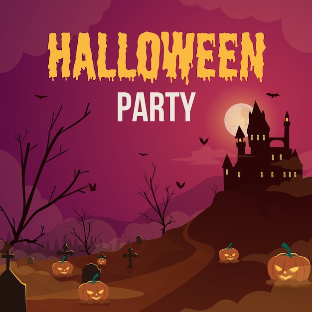 Ilustración de fiesta de halloween con calabazas aterradoras y castillo encantado