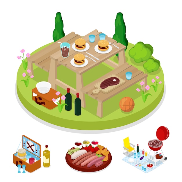 Ilustración de fiesta de picnic barbacoa isométrica