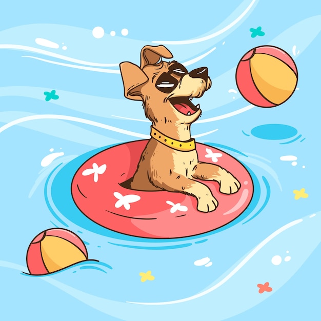 Vector ilustración de fiesta en la piscina para perros dibujada a mano