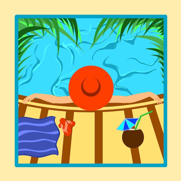 Vector ilustración de fiesta en la piscina de verano mujer con un gran sombrero rojo nadando en la piscina