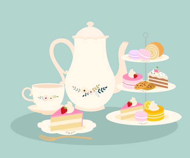 Vector ilustración de fiesta de té con tetera de flores y taza de té de flores y puesto de pasteles con pastelería