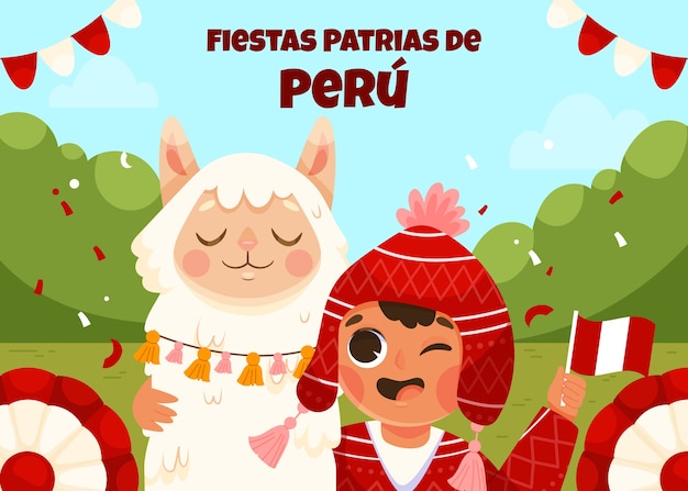 Ilustración de fiestas patrias planas con niño y llama