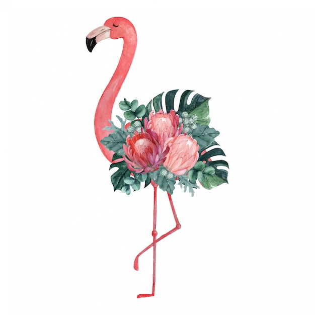 Ilustración de flamenco acuarela exótica con arreglo floral tropical