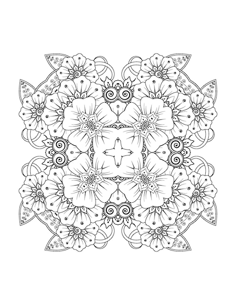 Ilustración de flor dibujada a mano Mandala página para colorear para adultos y mandala kdp interior