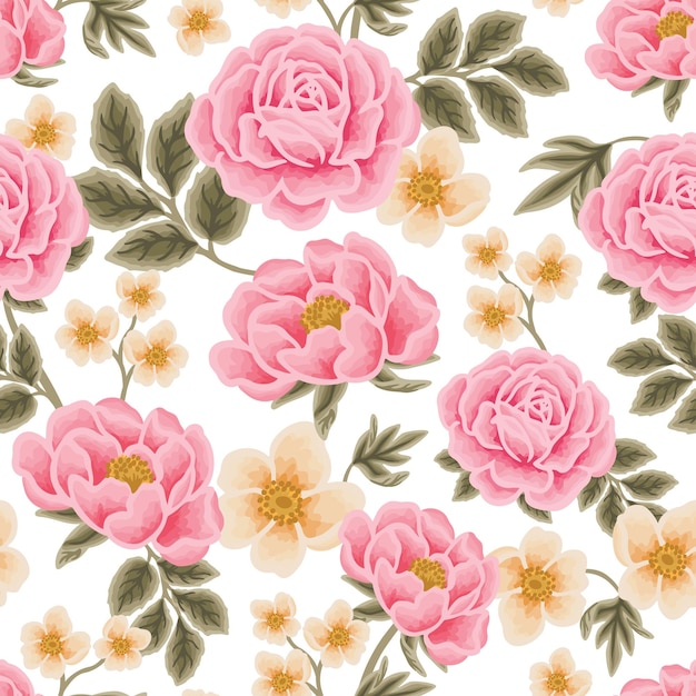 Ilustración de la flor de primavera sin costuras con peonía, margarita, rosa, brotes florales y flores silvestres