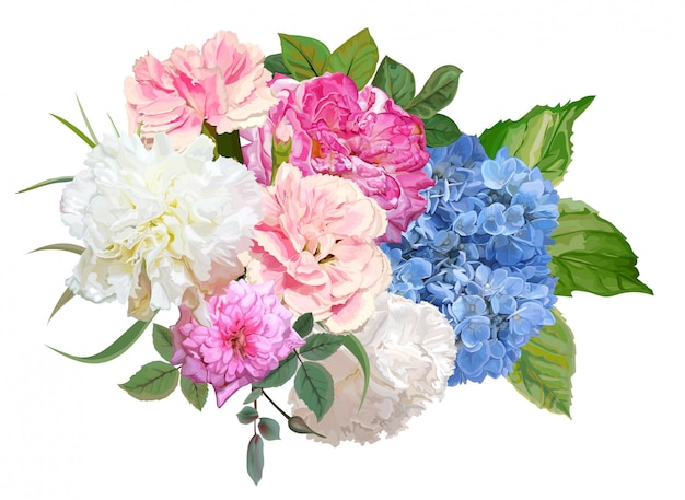 Ilustración de flor de rosa, hortensia y clavel