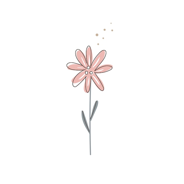 Ilustración flor rosa en un tallo con hojas sobre fondo blanco.