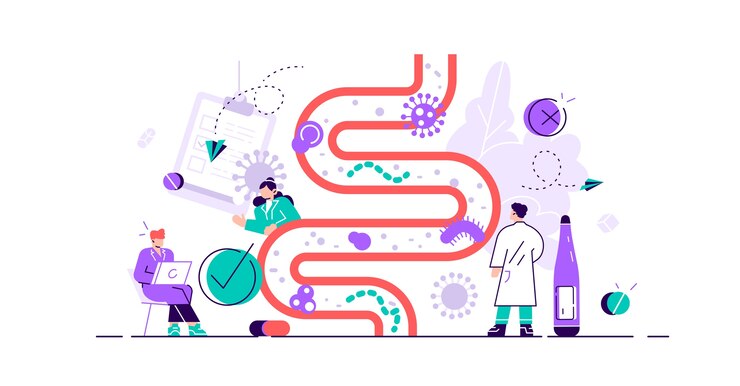Vector ilustración de la flora intestinal concepto de persona microbio gastrointestinal diminuto plano