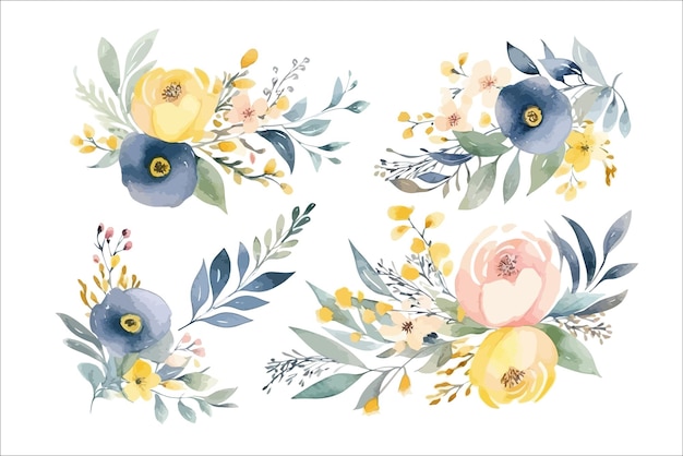 Ilustración floral acuarela conjunto flores blancas verde