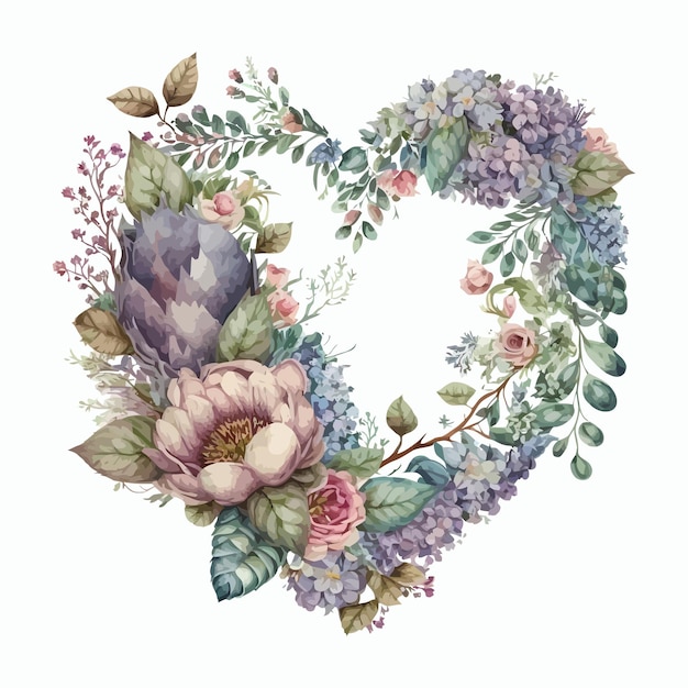 Ilustración floral acuarela con corona de flores en forma de corazón Plantilla de elementos decorativos Ilustración de dibujos animados plana aislada sobre fondo blanco