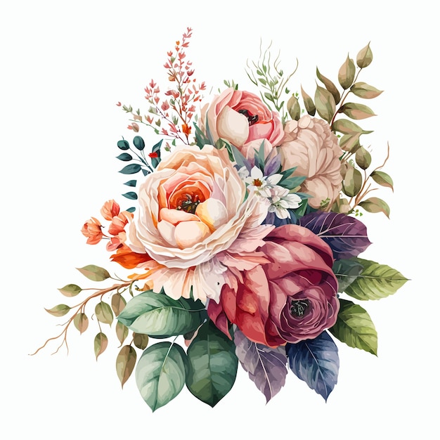 Ilustración floral acuarela Plantilla de elementos decorativos Ilustración de dibujos animados plana aislada sobre fondo blanco