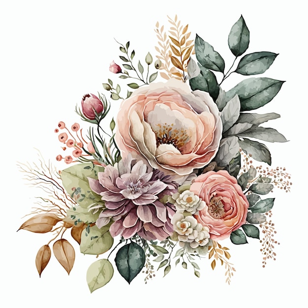 Ilustración floral acuarela Plantilla de elementos decorativos Ilustración de dibujos animados plana aislada sobre fondo blanco