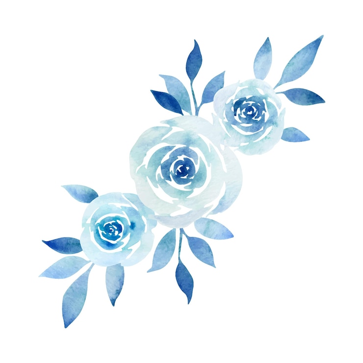 Ilustración floral acuarela de ramo de flores con rosa azul y hojas