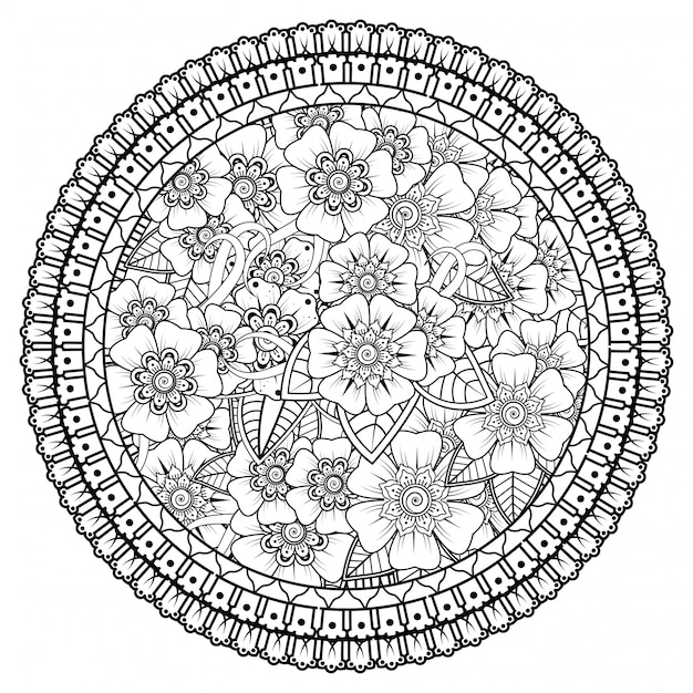 Ilustración floral del círculo de contorno. adorno de doodle en blanco y negro. mano dibujar ilustración.