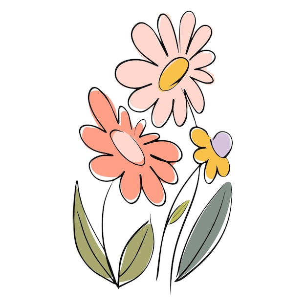 Ilustración floral colorida dibujada a mano Esbozo minimalista de flores de primavera con suaves tonos pastel
