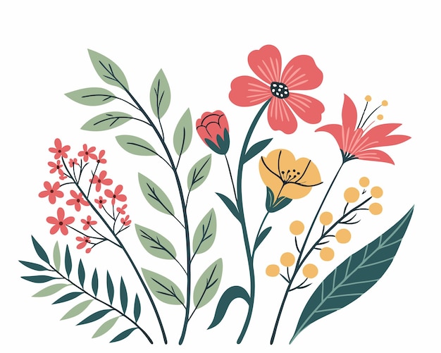 Ilustración floral colorida de varias flores y follaje
