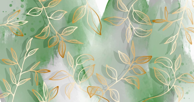 Ilustración floral delicada y elegante sobre un fondo de acuarela verde pálido con ramas y hojas doradas