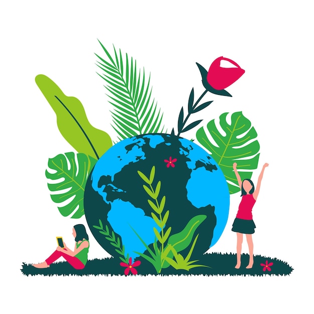 Vector ilustración floral del día mundial de la tierra con carácter humano disfrutando en la naturaleza