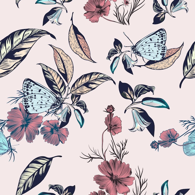 Ilustración floral con flores dibujadas a mano por vectores y flores del cosmos