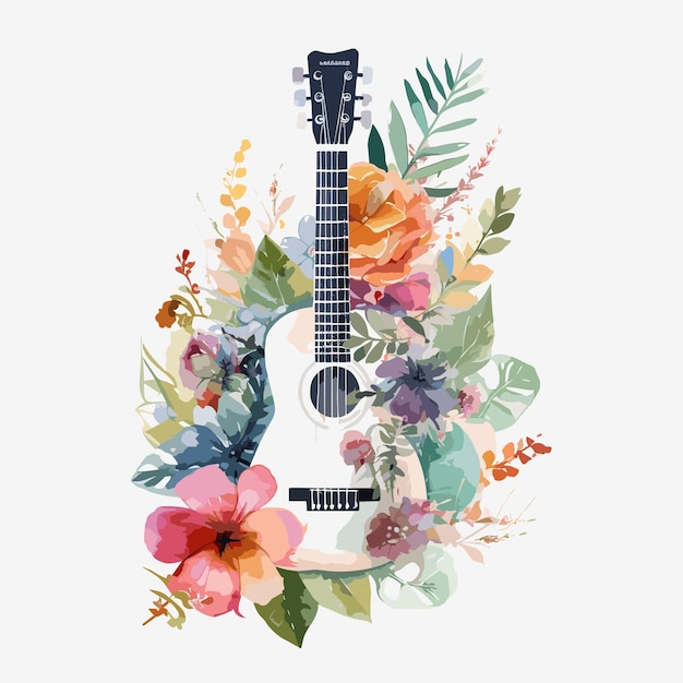 Ilustración floral de la guitarra en acuarela