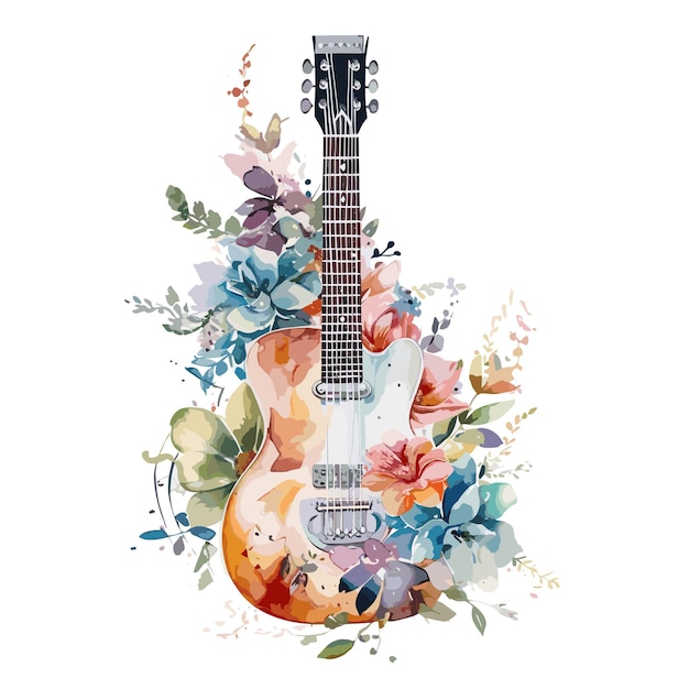 Ilustración floral de la guitarra en acuarela