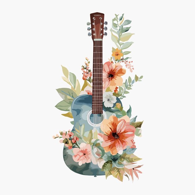 Ilustración floral de la guitarra en acuarela