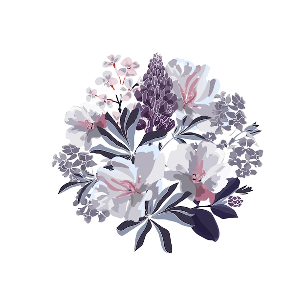 Ilustración floral vectorial Un ramo de flores en colores grisblanco y lila sobre un fondo blanco