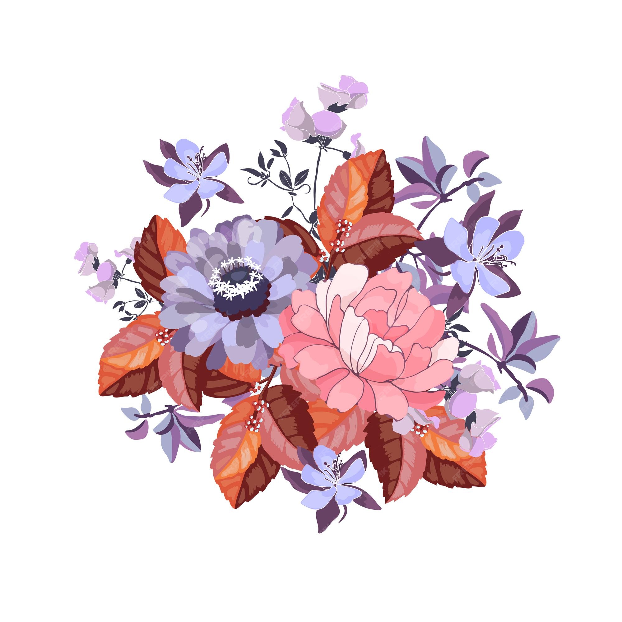 Ilustración floral vectorial un ramo de flores lilas y rosas con hojas de  color burdeos sobre un blanco | Vector Premium