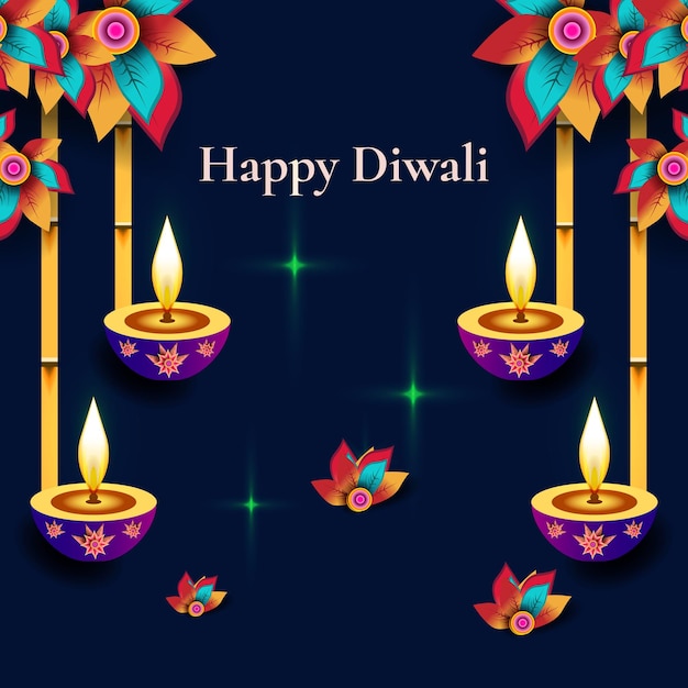 Vector ilustración de flores de feliz diwali y luces brillantes en un cuenco con un color base azul oscuro