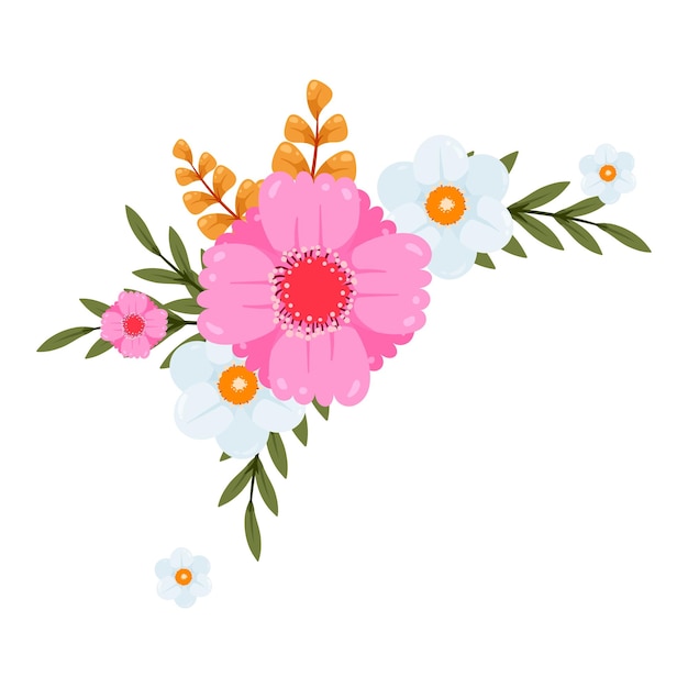 Ilustración de flores y follaje en el marco de la esquina en blanco