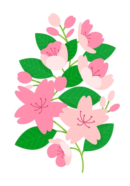 Vector ilustración de flores y hojas de primavera en plena floración